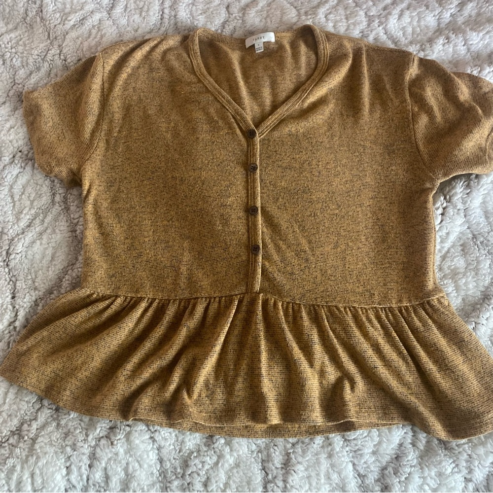 Tansy Shirt Womens Small Gold Orange Yellow Peplum Top Buttons Short Sleeve